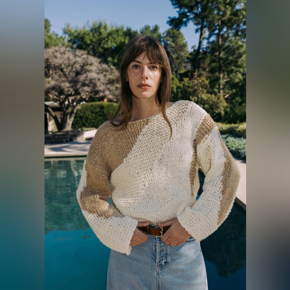 ZARA NEW WOMAN SS24 ECRU CONTRAST KNIT SWEATER REF:5755/012